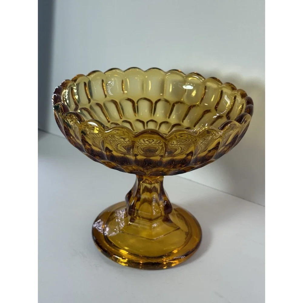 Vintage Amber Glass Thumbprint Pedestal Compote Bowl Scalloped Centerpiece Dish